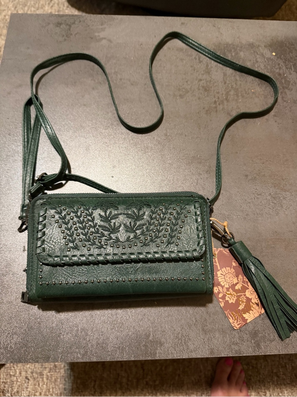 Sam & Hadley Dark Green Women’s Crossbody Bag with Tassel purse wallet NEW